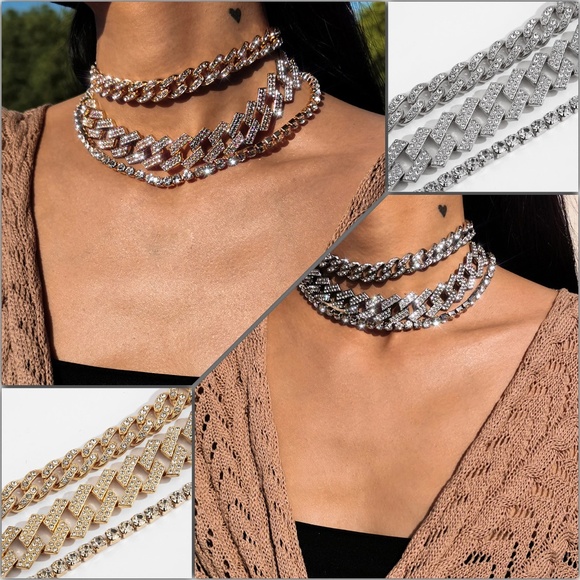 Triple Diamond Layered Necklace Set, Cuban Link Necklace, Tennis Necklace - Picture 1 of 9